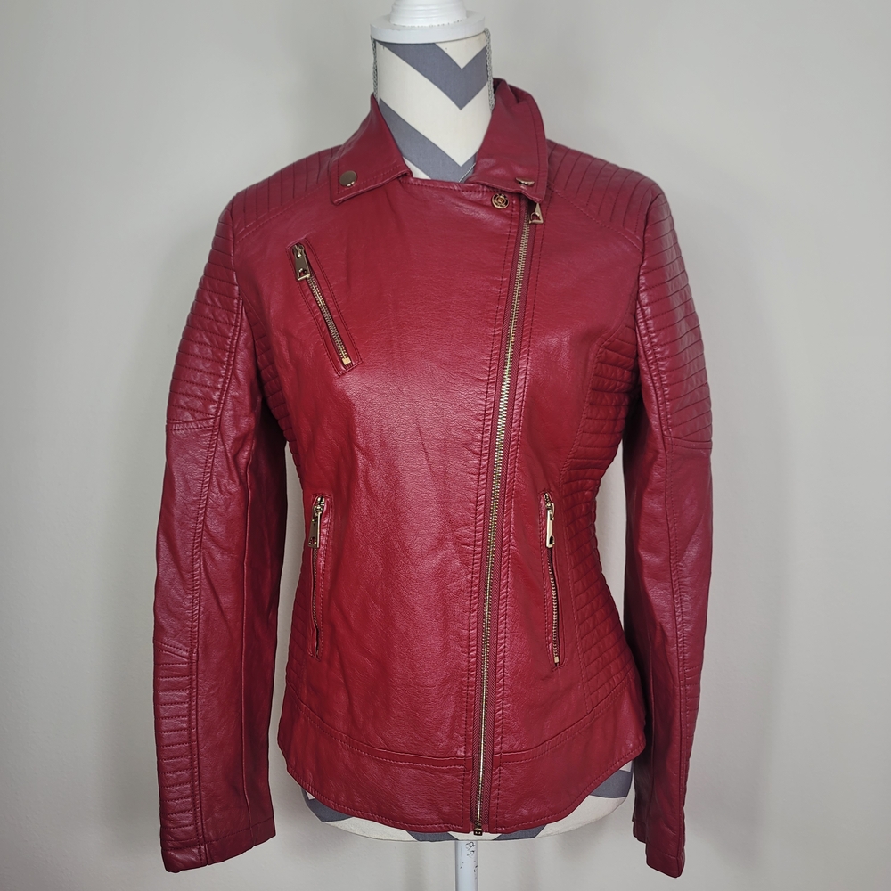 Bellivera Red Faux Leather Quilted Moto Jacket Women's Small Edgy Biker Rocker